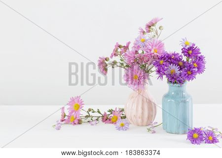 flowers in ceramic vases on white background