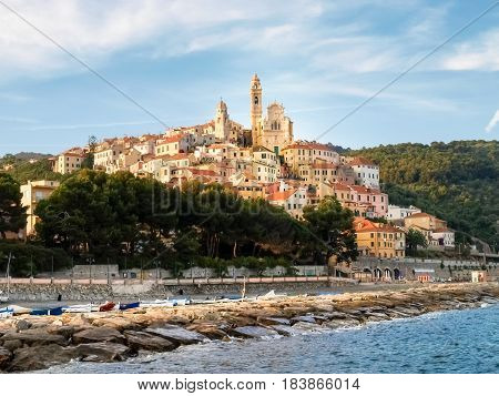 Cervo Italy - June 11 2015: Image taken in the light of the sunset of the historic village of Cervo