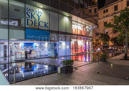 HO CHI MINH CITY VIETNAM - March 27 2917: Entrance to the buildingThe Bitexco building. Bitexco Tower is the highest building in HCMC