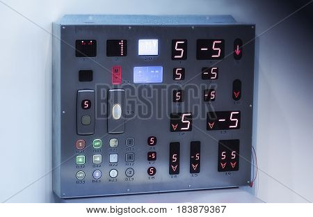 Elevator many buttons 3 multicolor panels. On white background
