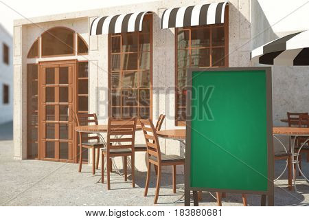 Side view of summer cafe veranda with empty chalkboard stand. Menu concept. Mock up 3D Rendering