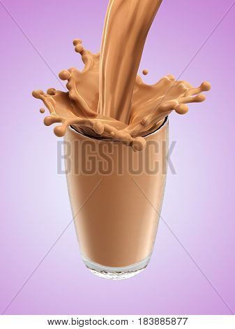 Splash of chocolate milk from the glass .Pink background. 3d rendering