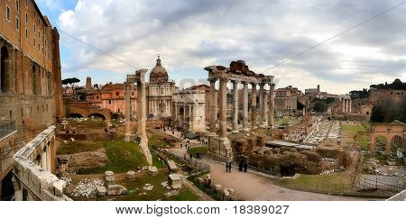 Panoramic view on ancient ruins of famous forum in Rome, Italy.