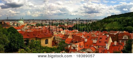 Aerial panoramic city view of Prague, Czech Republic.