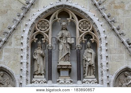 ZAGREB, CROATIA - APRIL 17: Jesus Christ surrounded by saints Stephen the King and St. Ladislaus, portal of the cathedral in Zagreb, Croatia on April 17, 2015.