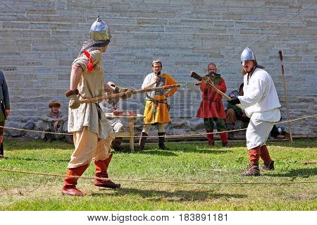 Staraya Ladoga Russia - July 17 2016: Festival The first capital of Russia devoted to the birth of the Russian state in 862. Re-enactment of a medieval battle.