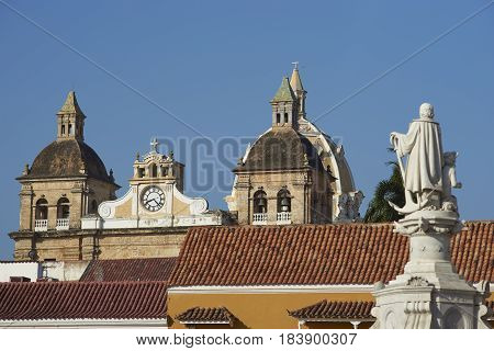 White marble statue of Christopher Columbus in the Plaza De La Aduana in the historic Spanish colonial city of Cartagena de Indias, Colombia