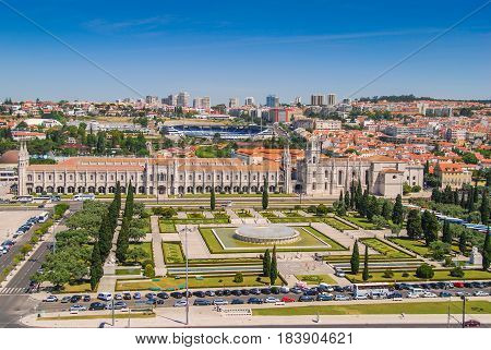 Aeiral view of the Jeronimo Monastery and public garden in Lisbon, Portugal