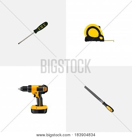 Realistic Sharpener, Electric Screwdriver, Length Roulette And Other Vector Elements. Set Of Instruments Realistic Symbols Also Includes Tool, Appliance, Emery Objects.