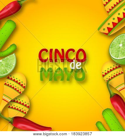 Illustration Cinco De Mayo Background with Mexican Traditional Symbols. Chili Pepper, Sombrero Hat, Maracas, Piece of Lime, Cactus - Vector