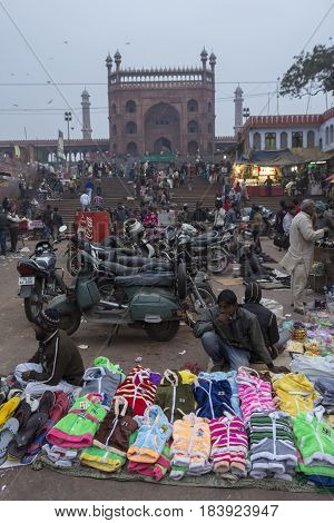 DELHI INDIA - DEC 13 : unidentified india people and street market at jama masjid in old delhi. jama masjid is biggest masjid of delhi on december 13 2014 india