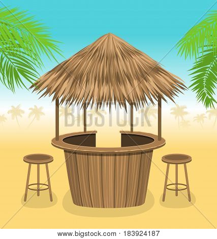 Illustration Beach Bar Thatch. Outdoor Background with Lounge Cafe. Summer Time. Vacation - Vector