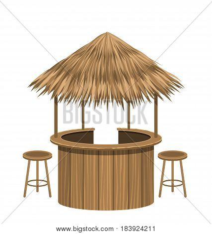 Illustration Beach Bar Thatch. Vintage Lounge Cafe Isolated on White Background - Vector