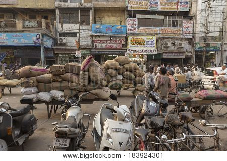 DELHI INDIA - MAY 5 : goods transportation in spice market. this market is biggest herb and spice wholesale in old delhi of Delhi on may 5 2015 india