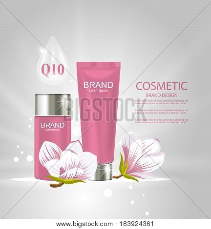 Illustration Design Poster for Cosmetics Product Advertising with Magnolia Flowers - Vector