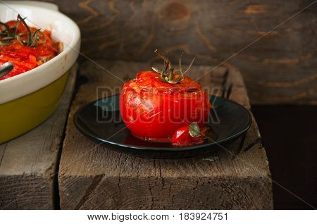 Close Up Suffed Tomatoes Filled With Rice And Ground Beef Baked In Oven.