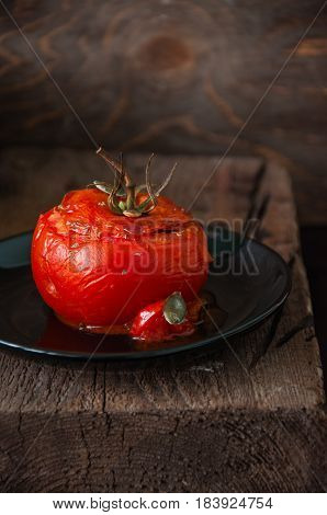 Close Up Suffed Tomatoes Filled With Rice And Ground Beef Baked In Oven.