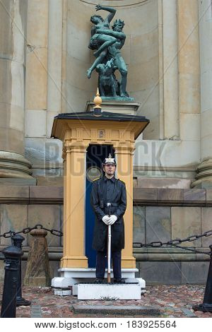 STOCKHOLM, SWEDEN - AUGUST 29, 2016: The royal guardsman on a post at the royal palace