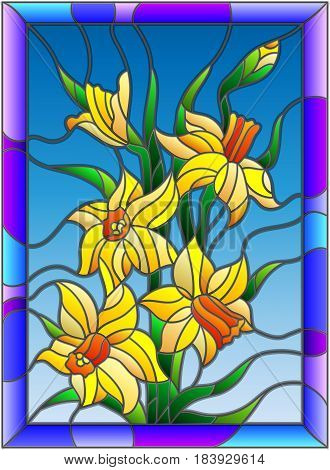 Illustration in stained glass style with daffodils on blue background in a bright blue frame