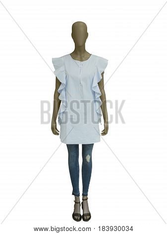 Full-length female mannequin wearing blue dress isolated and jeans. No brand names or copyright objects.