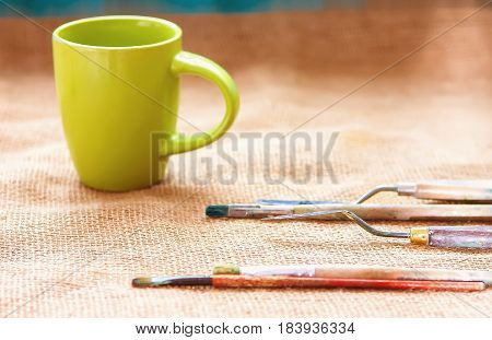 Artist Brush Lying On Sackcloth, Paint Brushes And Palette Knife, Oil Painting Impressionism,