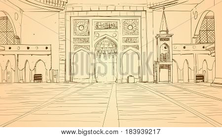 Nabawi Mosque Building Interior Muslim Religion Ramadan Kareem Holy Month Vector Illustration