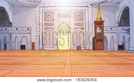 Nabawi Mosque Building Interior Muslim Religion Ramadan Kareem Holy Month Vector Illustration