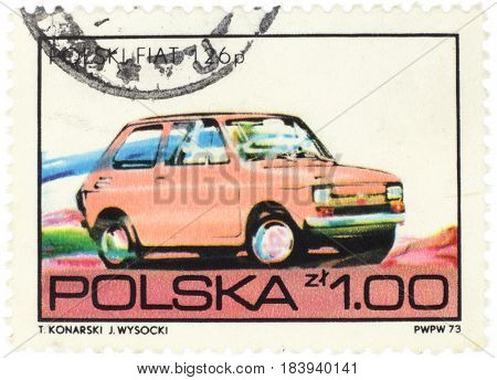 POLAND - CIRCA 1973: A stamp printed in Poland shows car Polish Fiat 126 p, from series, circa 1973.