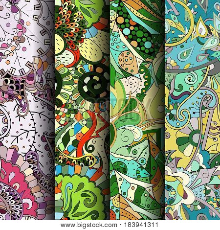 Set Of Tracery Colorful Seamless Patterns. Curved Doodling Backgrounds For Textile Or Printing With