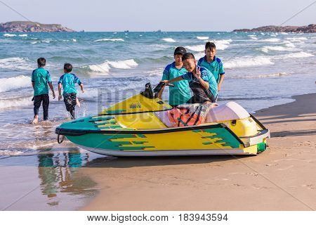 MUI NE VIETNAM - March 22 2017. Children on a jet ski on the beach at Mui Ne Vietnam.