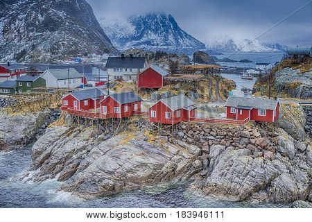 Traditional Norwegian Fishing Hut Village in Hamnoy During Early Spring Time in Lofoten Islands Norway.Horizontal Shot