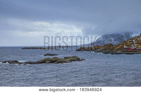 Picturesque View of Traditional Norwegian Village Hamnoy Near The Ocean.Horizontal Image Composition