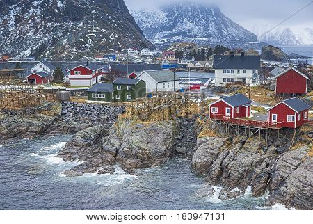 Norwegian Fishing Hut Village in Hamnoy During Early Spring Time in Lofoten Islands Norway.Horizontal Image