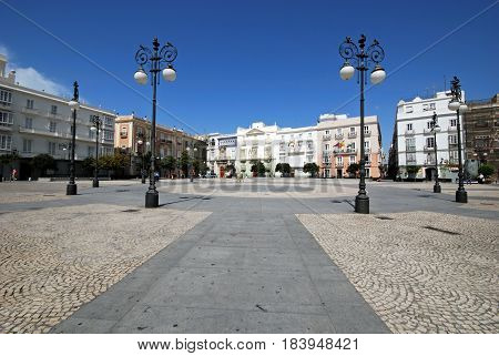 CADIZ, SPAIN - SPETMEBER 8, 2008 - View of San Antonio Plaza with the National University of Distance Education building to the rear Cadiz Cadiz Province Andalusia Spain Western Europe, September 8, 2008.