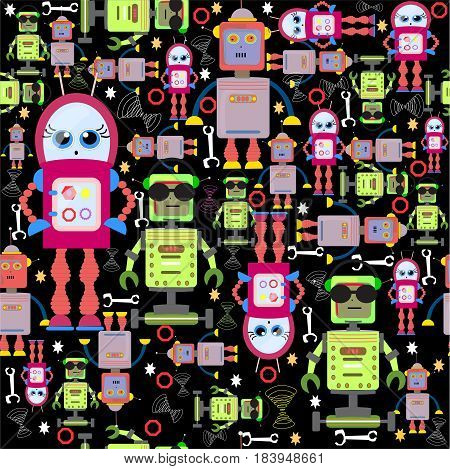 Vector Seamless Background Funny Colorful Robots on Black. Droid s Pattern