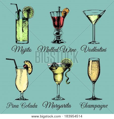 Cocktails and glasses. Hand sketched color alcoholic beverages. Vector set of drinks illustrations, pina colada, margarita, mojito, vodkatini, champagne, mulled wine isolated.