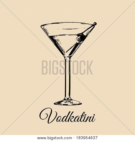 Vodkatini glass isolated. Hand drawn sketch of traditional cocktail with olive for restaurant, bar, cafe menu design