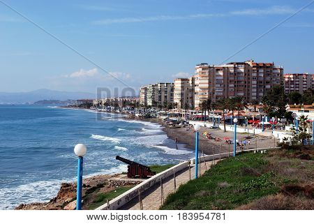 TORROX COSTA, SPAIN - OCTOBER 27, 2008 - Elevated view of the beach with the promenade and apartments to the rear Torrox Costa Malaga Province Andalusia Spain Western Europe, October 27, 2008.