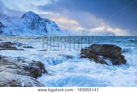 Ocean Waves and Roaring Water At Lofoten Islands in Norway.Horizontal Image