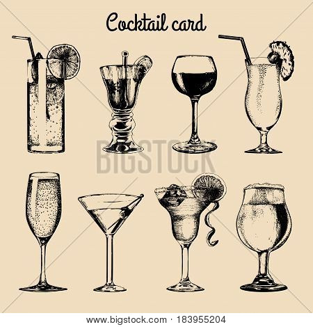 Cocktail card. Hand sketched alcoholic beverages glasses. Vector set of drinks illustrations beer, pina colada, margarita, red wine, mojito, vodkatini, champagne etc isolated.