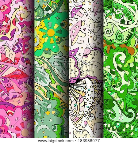 Set Of Tracery Colorful Seamless Patterns. Curved Doodling Backgrounds For Textile Or Printing With