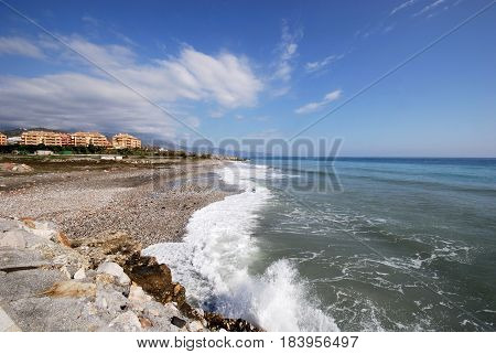 TORROX COSTA, SPAIN - OCTOBER 27, 2008 - View along the beach and coastline Torrox Costa Malaga Province Andalusia Spain Western Europe, October 27, 2008.