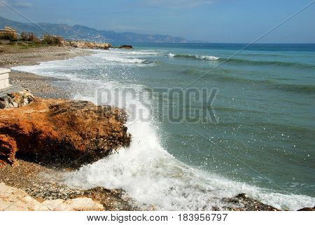 View along the beach and coastline Torrox Costa Malaga Province Andalusia Spain Western Europe.