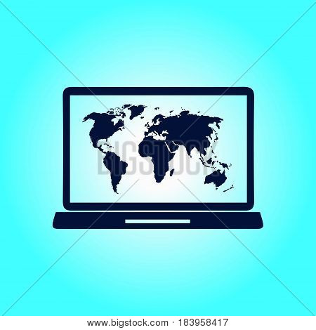 Laptop and world map illustration. World map geography symbol.  Flat design style.