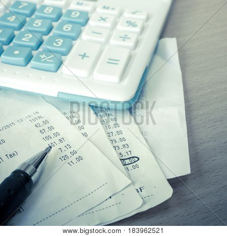 Close Up Of Receipt Paper And Caculator, Payment