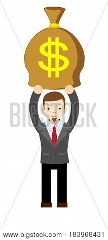 Businessman holding money bag. Stock vector illustration