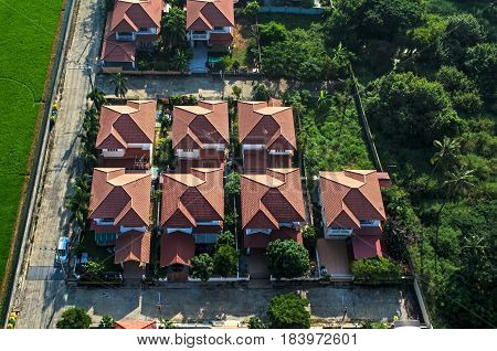 Housing residential area red roofs aerial photography