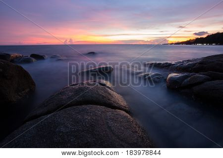 Long Exposure Of Sunset At The Sea,larn Hin Khao , Rayong,thailand , Sunset At White Rock Beach , Ra