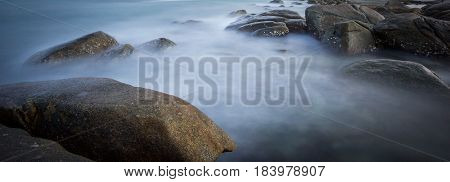 Long Exposure Of Sunset At The Sea,larn Hin Khao , Rayong,thailand , Sunset At White Rock Beach , Ra