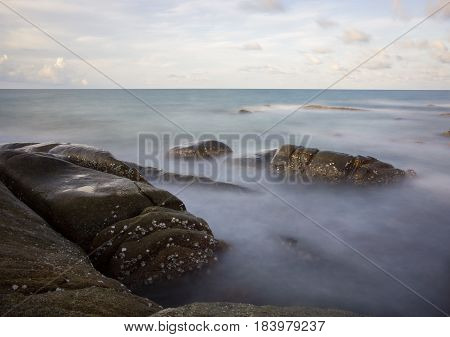 Long Exposure Of Sunset At The Sea,larn Hin Khao , Rayong,thailand , Sunset At White Rock Beach , Ra